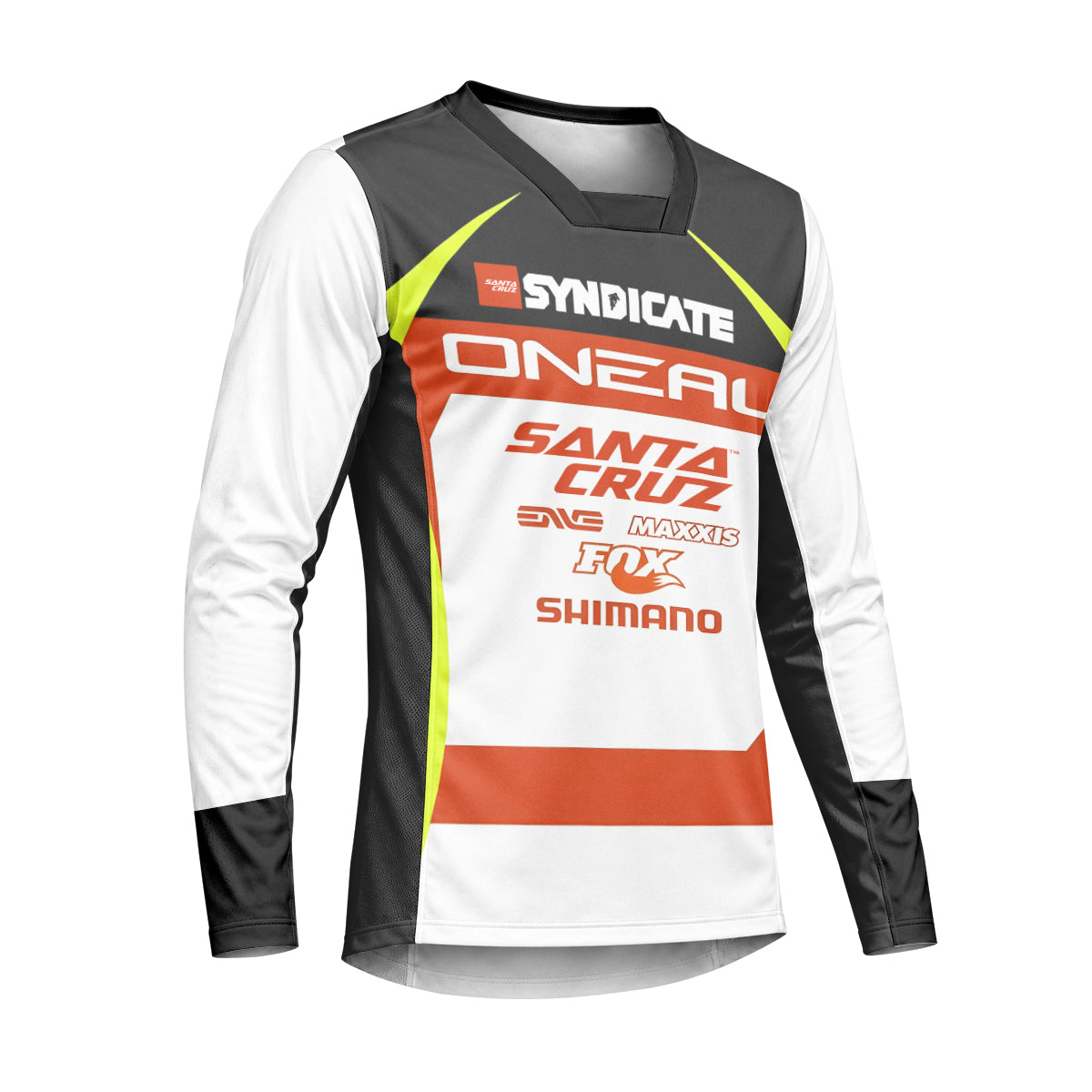 Santa Cruz Syndicate Minnaar O'Neal Neon Yellow Downhill Heavyweight Long Sleeve Mountain Bike Jersey – Right Side View Mockup