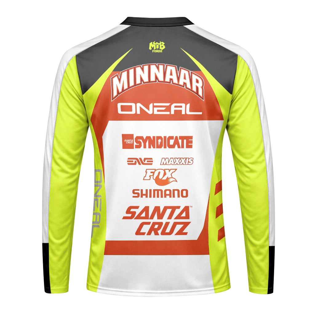 Santa Cruz Syndicate Minnaar O'Neal Neon Yellow Downhill Long Sleeve Mountain Bike Jersey – Back View Mockup