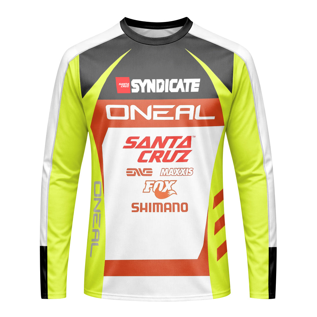 Santa Cruz Syndicate Minnaar O'Neal Neon Yellow Downhill Long Sleeve Mountain Bike Jersey – Front View Mockup