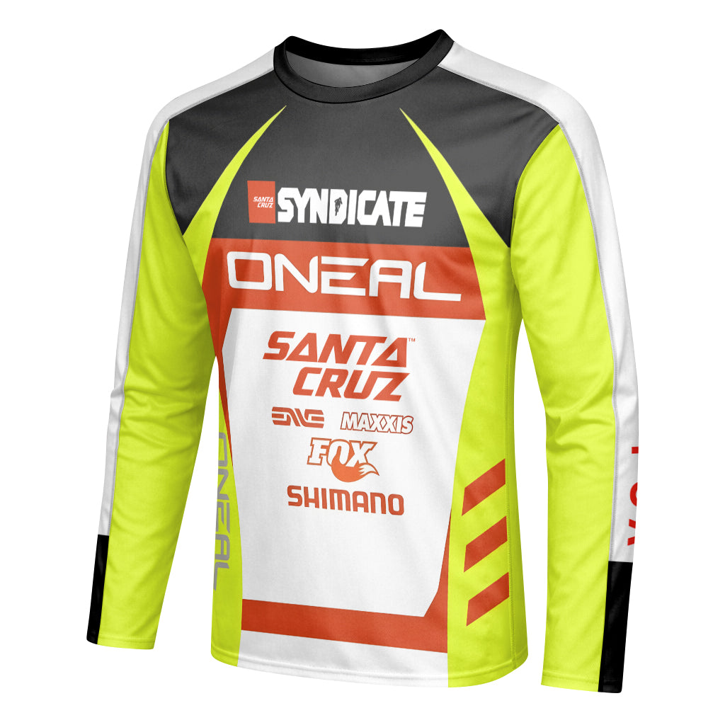 Santa Cruz Syndicate Minnaar O'Neal Neon Yellow Downhill Long Sleeve Mountain Bike Jersey – Left Side View Mockup