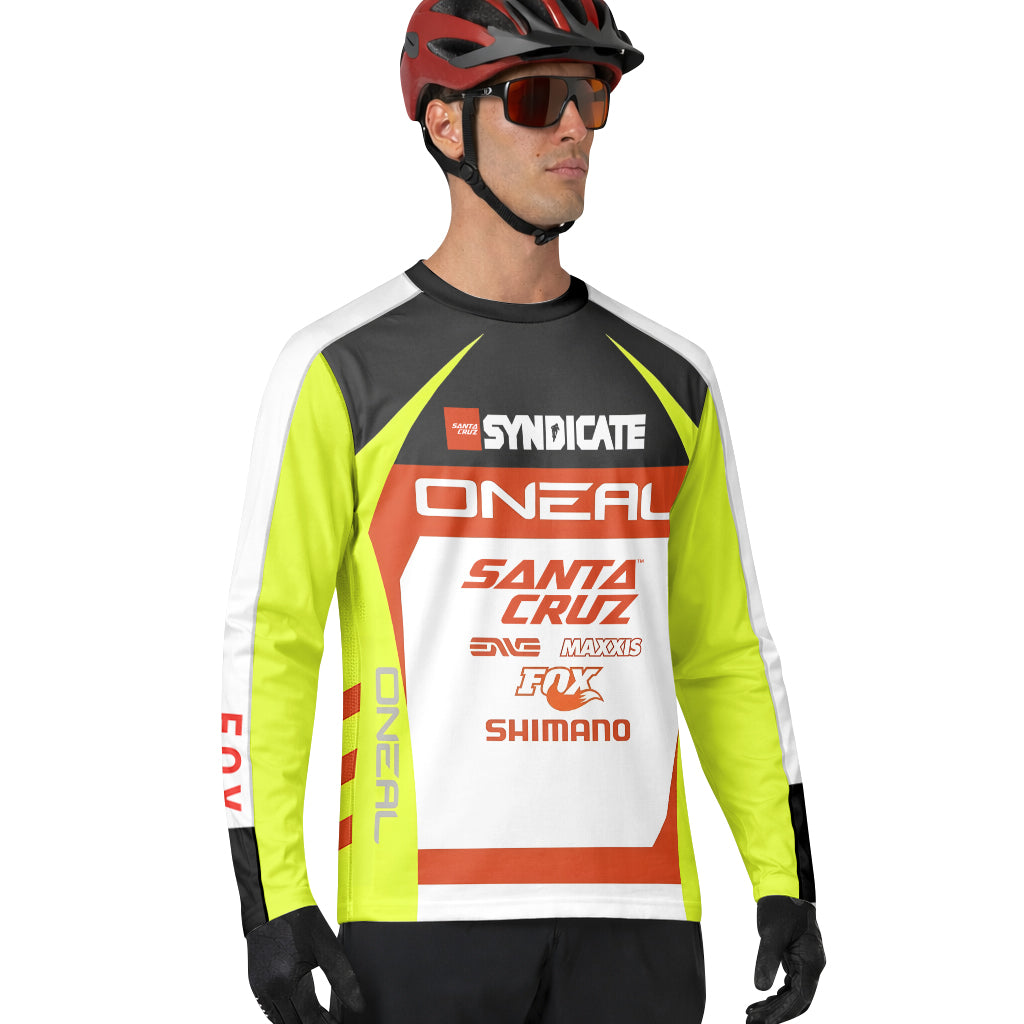 Santa Cruz Syndicate Minnaar O'Neal Neon Yellow Downhill Long Sleeve Mountain Bike Jersey – Lifestyle View