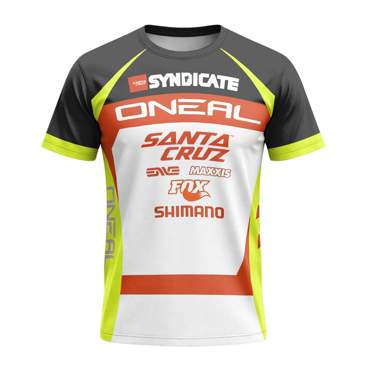 Santa Cruz Syndicate Minnaar O'Neal Neon Yellow Downhill Short Sleeve Mountain Bike Jersey – Front View Mockup