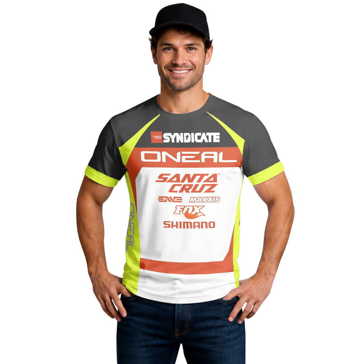 Santa Cruz Syndicate Minnaar O'Neal Neon Yellow Downhill Short Sleeve Mountain Bike Jersey – Lifestyle View