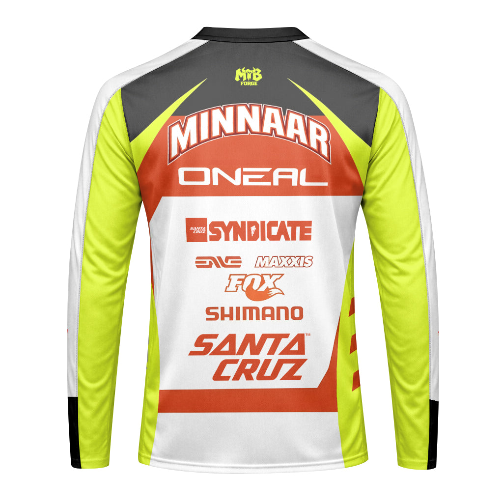 Santa Cruz Syndicate Minnaar O'Neal Neon Yellow Downhill Youth Long Sleeve Mountain Bike Jersey – Back View Mockup