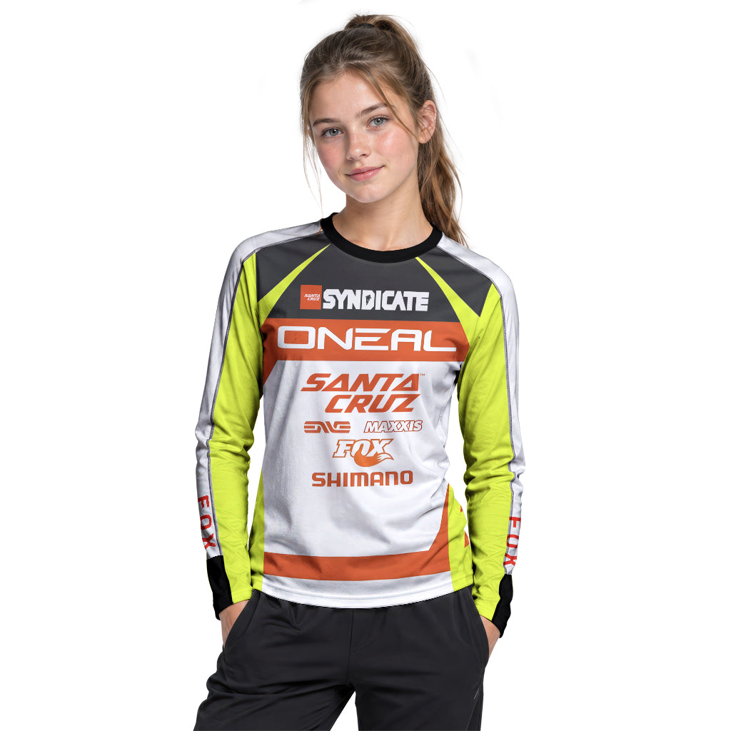 Santa Cruz Syndicate Minnaar O'Neal Neon Yellow Downhill Youth Long Sleeve Mountain Bike Jersey – Girl Lifestyle View
