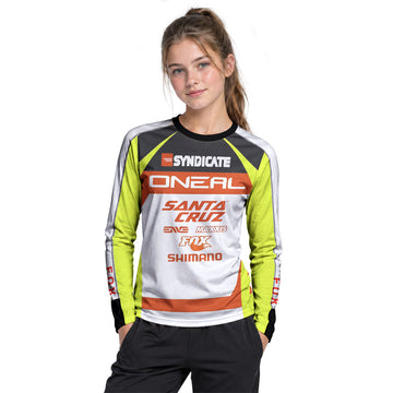 Santa Cruz Syndicate Minnaar O'Neal Neon Yellow Downhill Youth Long Sleeve Mountain Bike Jersey – Girl Lifestyle View