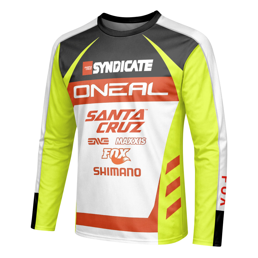 Santa Cruz Syndicate Minnaar O'Neal Neon Yellow Downhill Youth Long Sleeve Mountain Bike Jersey – Left Side View Mockup