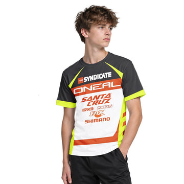 Santa Cruz Syndicate Minnaar O'Neal Neon Yellow Downhill Youth Short Sleeve Mountain Bike Jersey – Boy Lifestyle View