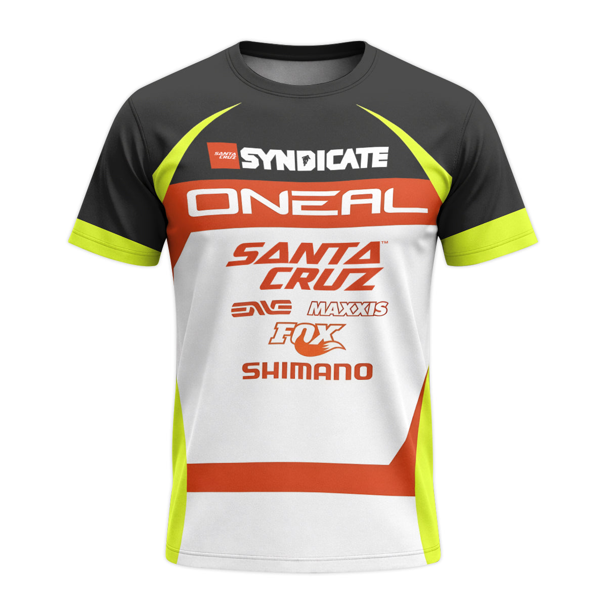 Santa Cruz Syndicate Minnaar O'Neal Neon Yellow Downhill Youth Short Sleeve Mountain Bike Jersey – Front View Mockup
