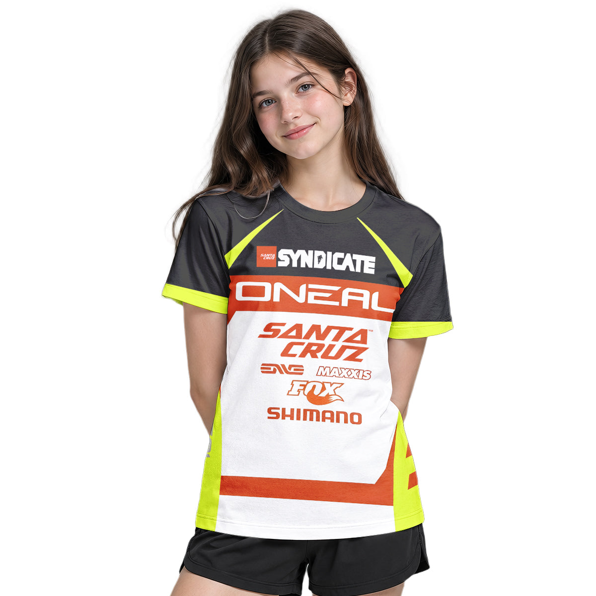 Santa Cruz Syndicate Minnaar O'Neal Neon Yellow Downhill Youth Short Sleeve Mountain Bike Jersey – Girl Lifestyle View