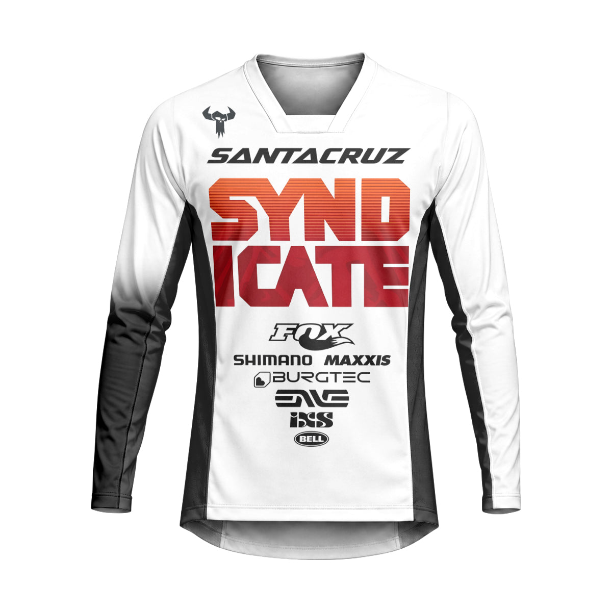 Santa Cruz Syndicate White Red Downhill Heavyweight Long Sleeve Mountain Bike Jersey – Front View Mockup