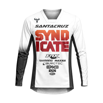 Santa Cruz Syndicate White Red Downhill Heavyweight Long Sleeve Mountain Bike Jersey – Front View Mockup