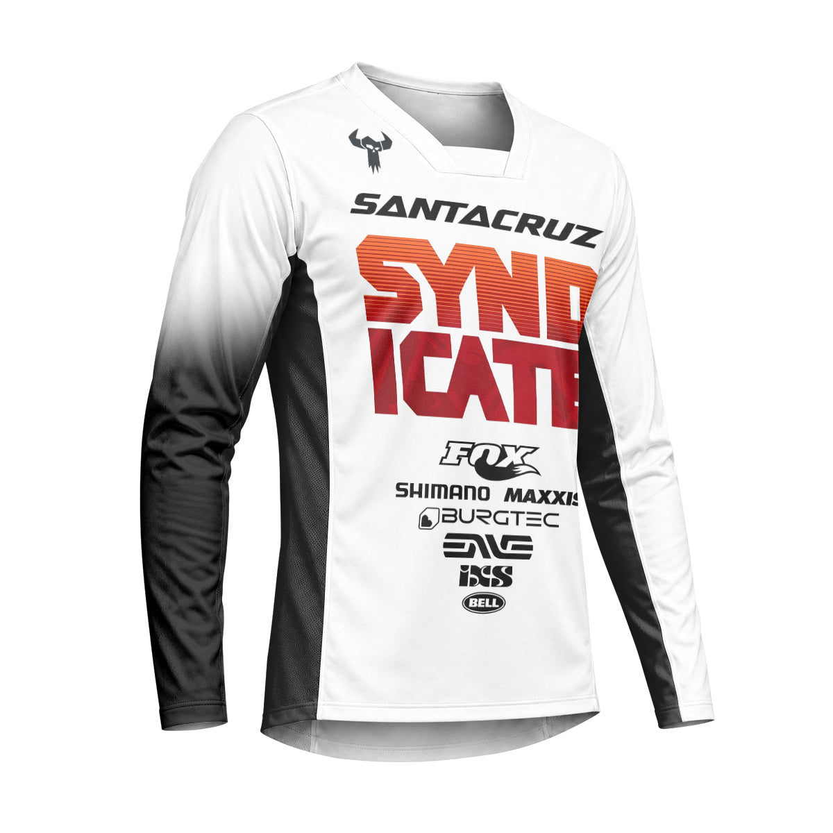 Santa Cruz Syndicate White Red Downhill Heavyweight Long Sleeve Mountain Bike Jersey – Right Side View Mockup