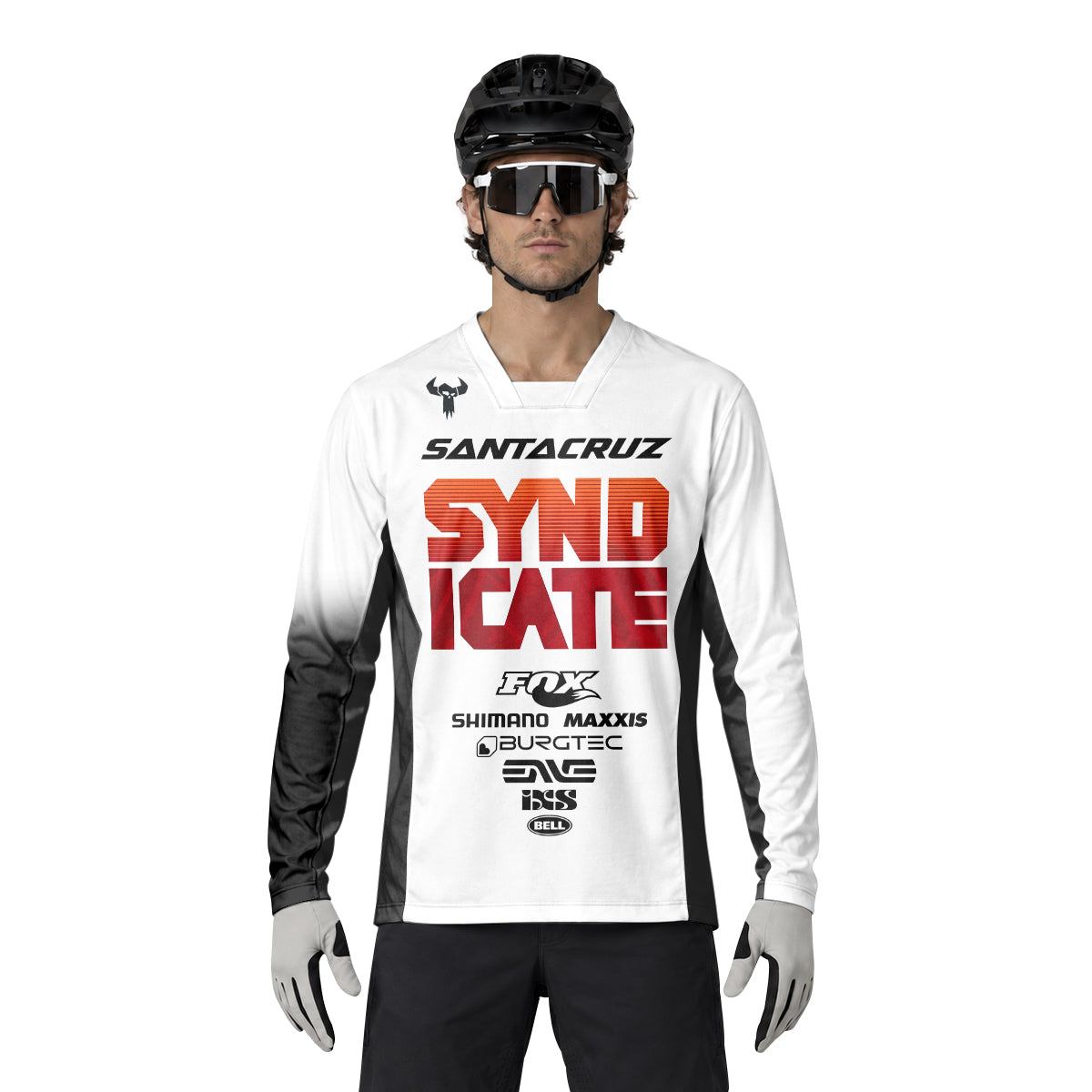 Santa Cruz Syndicate White Red Downhill Heavyweight Long Sleeve Mountain Bike Jersey – Lifestyle View