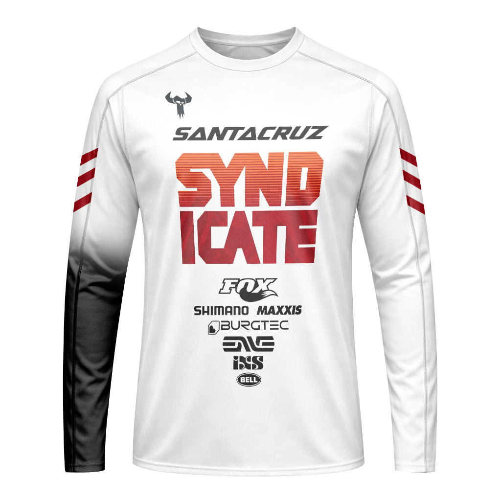 Santa Cruz Syndicate White Red Downhill Long Sleeve Mountain Bike Jersey – Front View Mockup