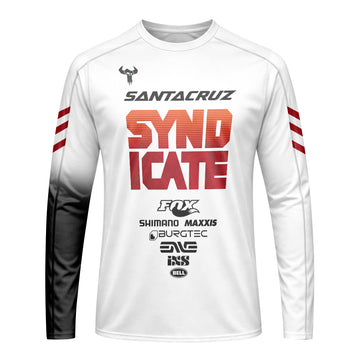 Santa Cruz Syndicate White Red Downhill Long Sleeve Mountain Bike Jersey – Front View Mockup