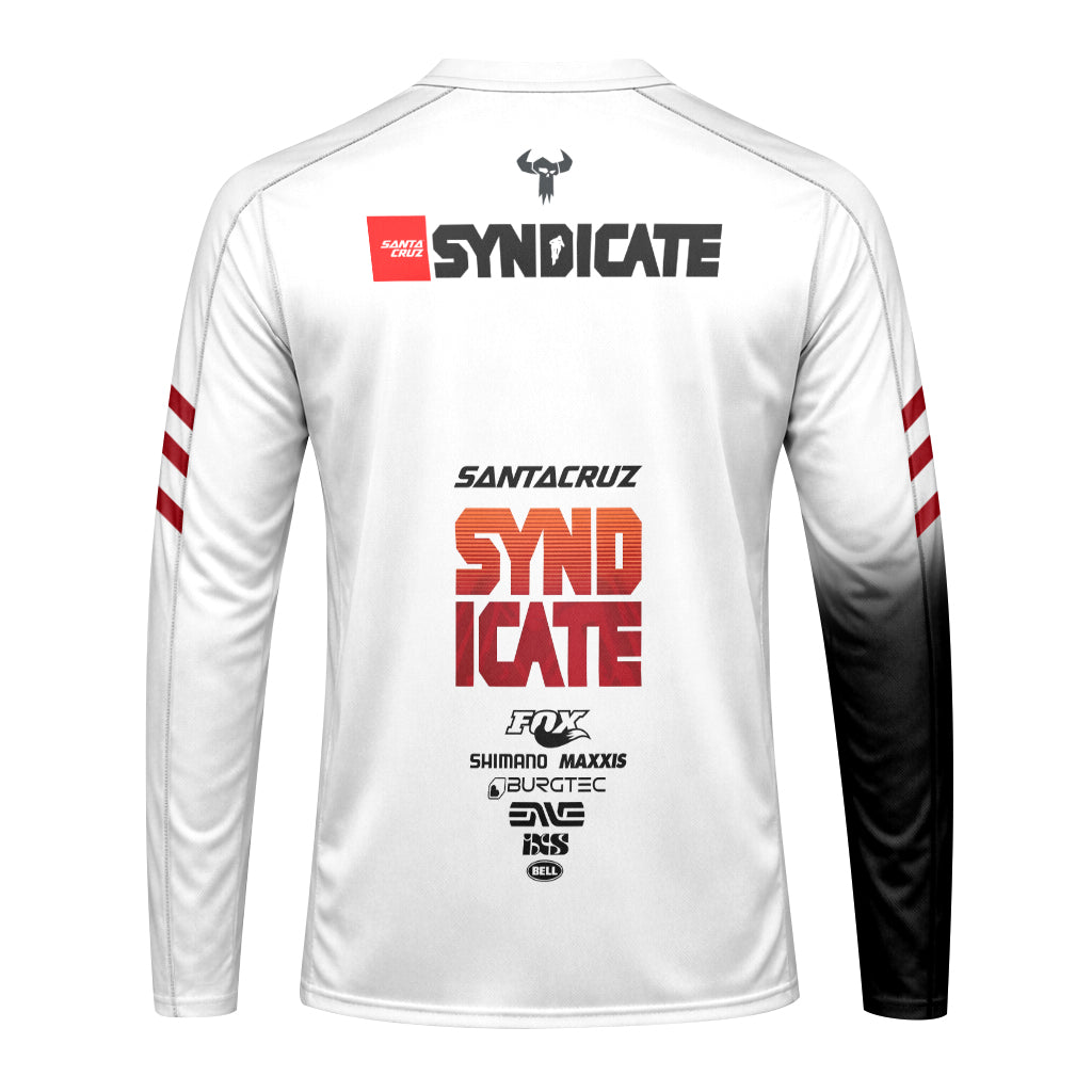 Santa Cruz Syndicate White Red Downhill Long Sleeve Mountain Bike Jersey – Back View Mockup