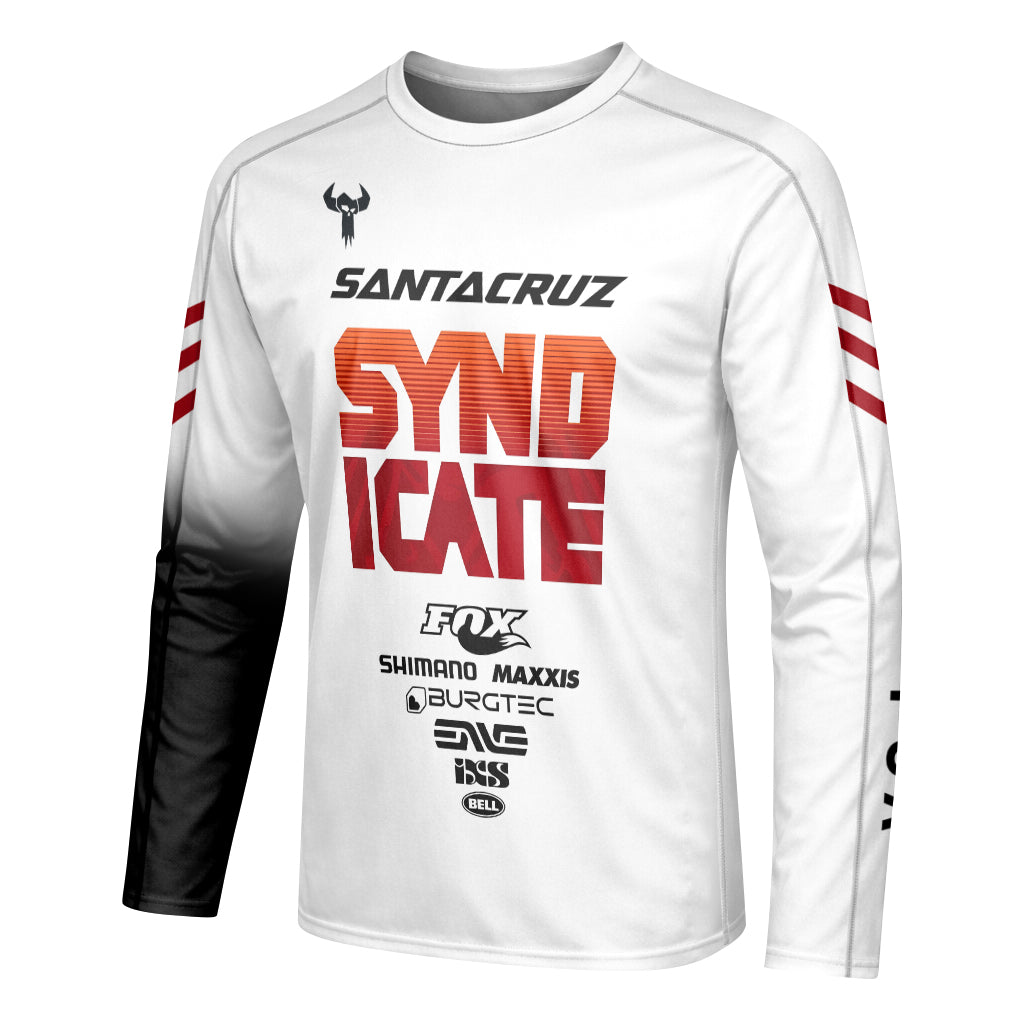 Santa Cruz Syndicate White Red Downhill Long Sleeve Mountain Bike Jersey – Left Side View Mockup