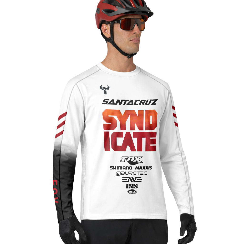 Santa Cruz Syndicate White Red Downhill Long Sleeve Mountain Bike Jersey – Lifestyle View