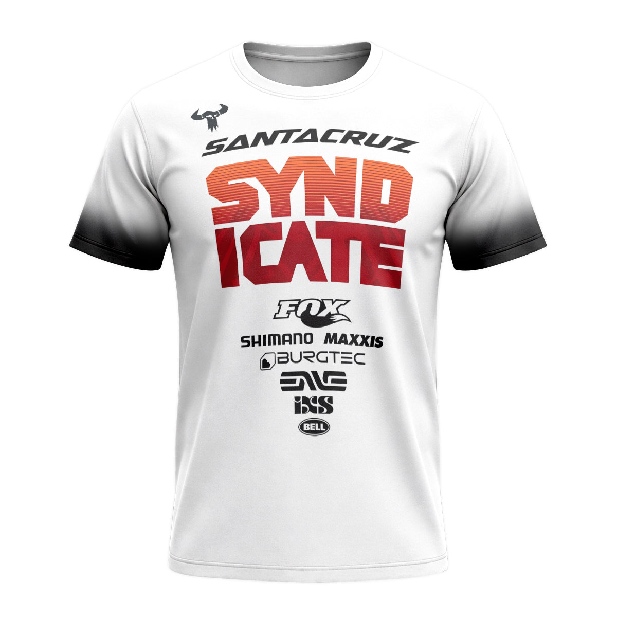 Santa Cruz Syndicate White Red Downhill Short Sleeve Mountain Bike Jersey – Front View Mockup