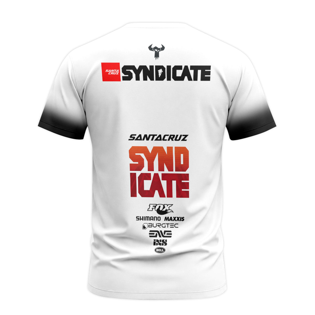 Santa Cruz Syndicate White Red Downhill Short Sleeve Mountain Bike Jersey – Back View Mockup