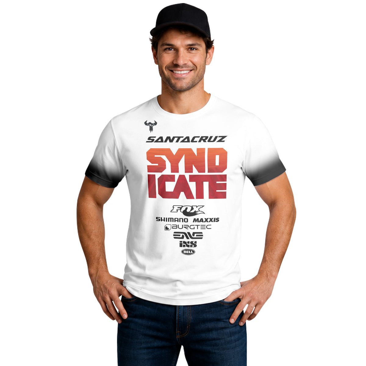 Santa Cruz Syndicate White Red Downhill Short Sleeve Mountain Bike Jersey – Lifestyle View