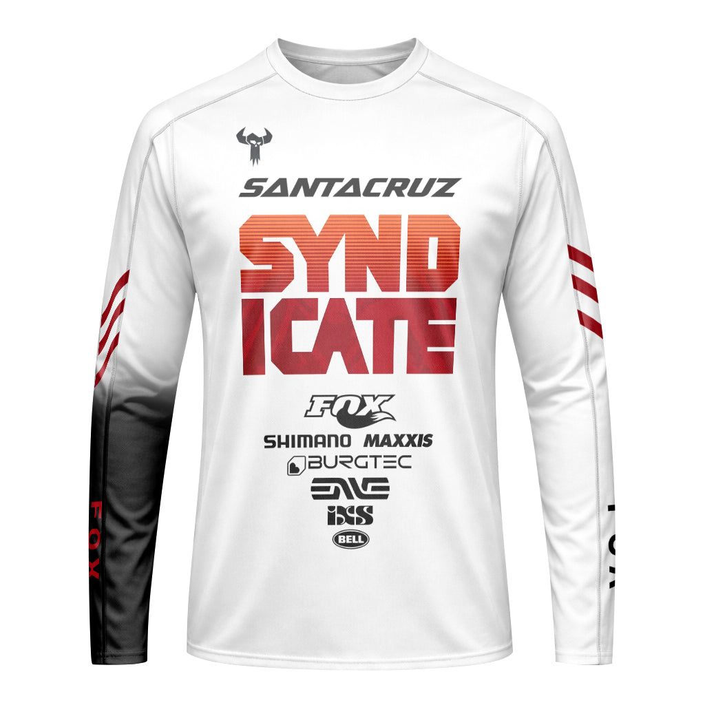 Santa Cruz Syndicate White Red Downhill Youth Long Sleeve Mountain Bike Jersey – Front View Mockup