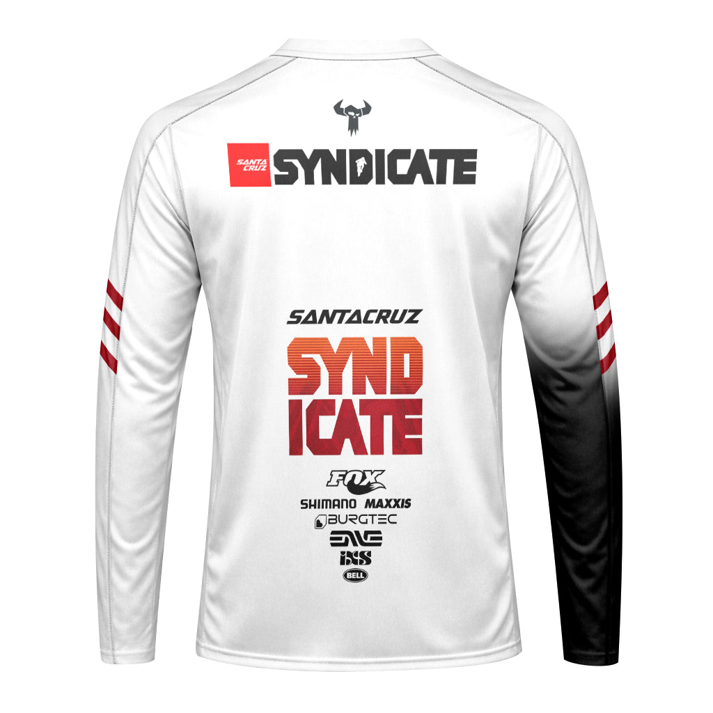 Santa Cruz Syndicate White Red Downhill Youth Long Sleeve Mountain Bike Jersey – Back View Mockup