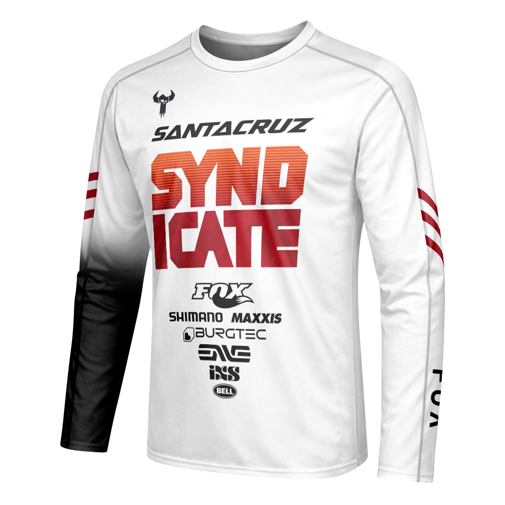 Santa Cruz Syndicate White Red Downhill Youth Long Sleeve Mountain Bike Jersey – Left Side View Mockup
