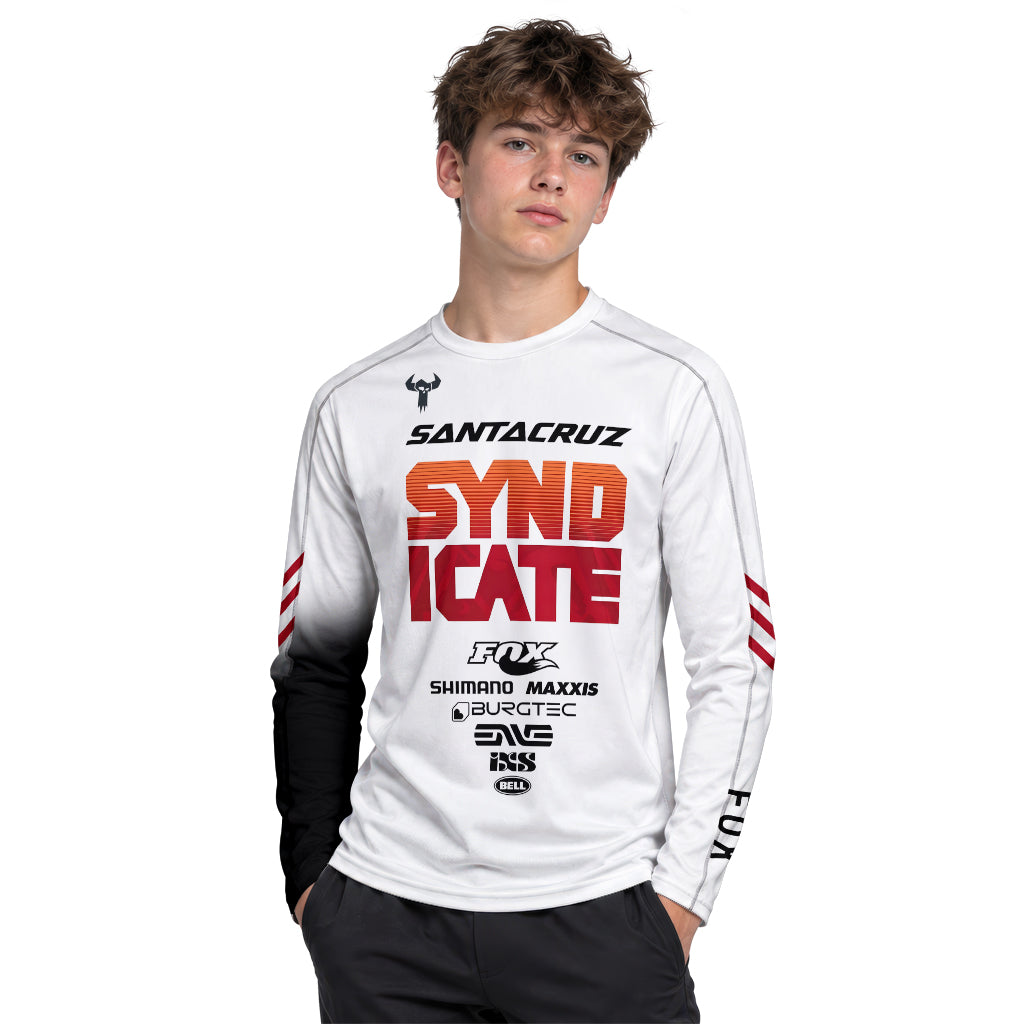 Santa Cruz Syndicate White Red Downhill Youth Long Sleeve Mountain Bike Jersey – Boy Lifestyle View