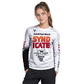 Santa Cruz Syndicate White Red Downhill Youth Long Sleeve Mountain Bike Jersey – Girl Lifestyle View