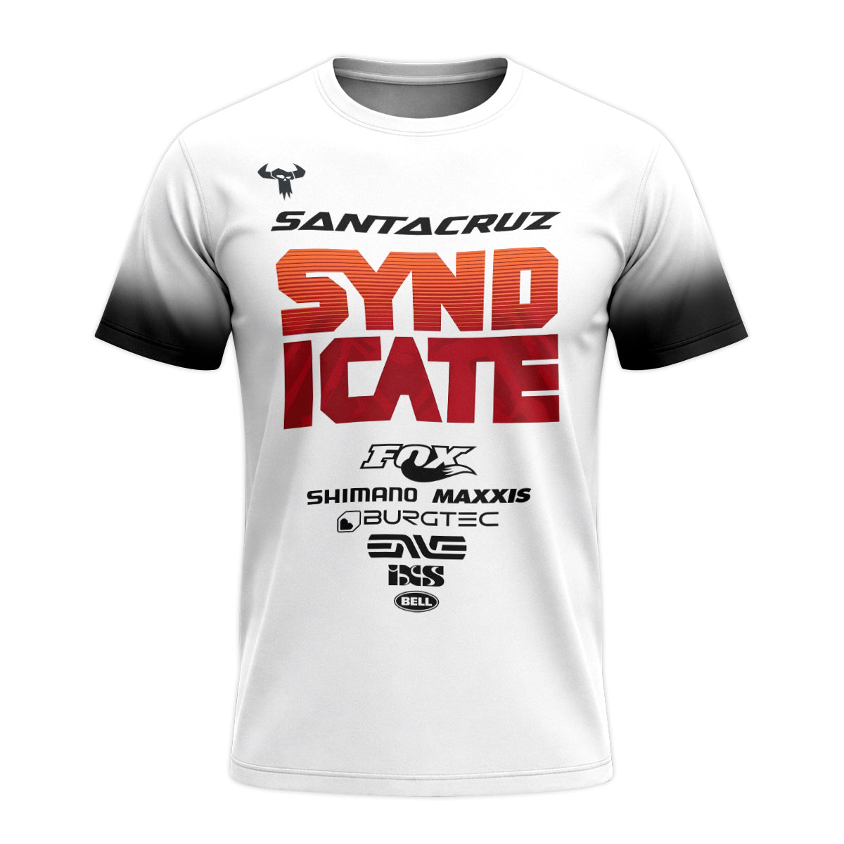 Santa Cruz Syndicate White Red Downhill Youth Short Sleeve Mountain Bike Jersey – Front View Mockup