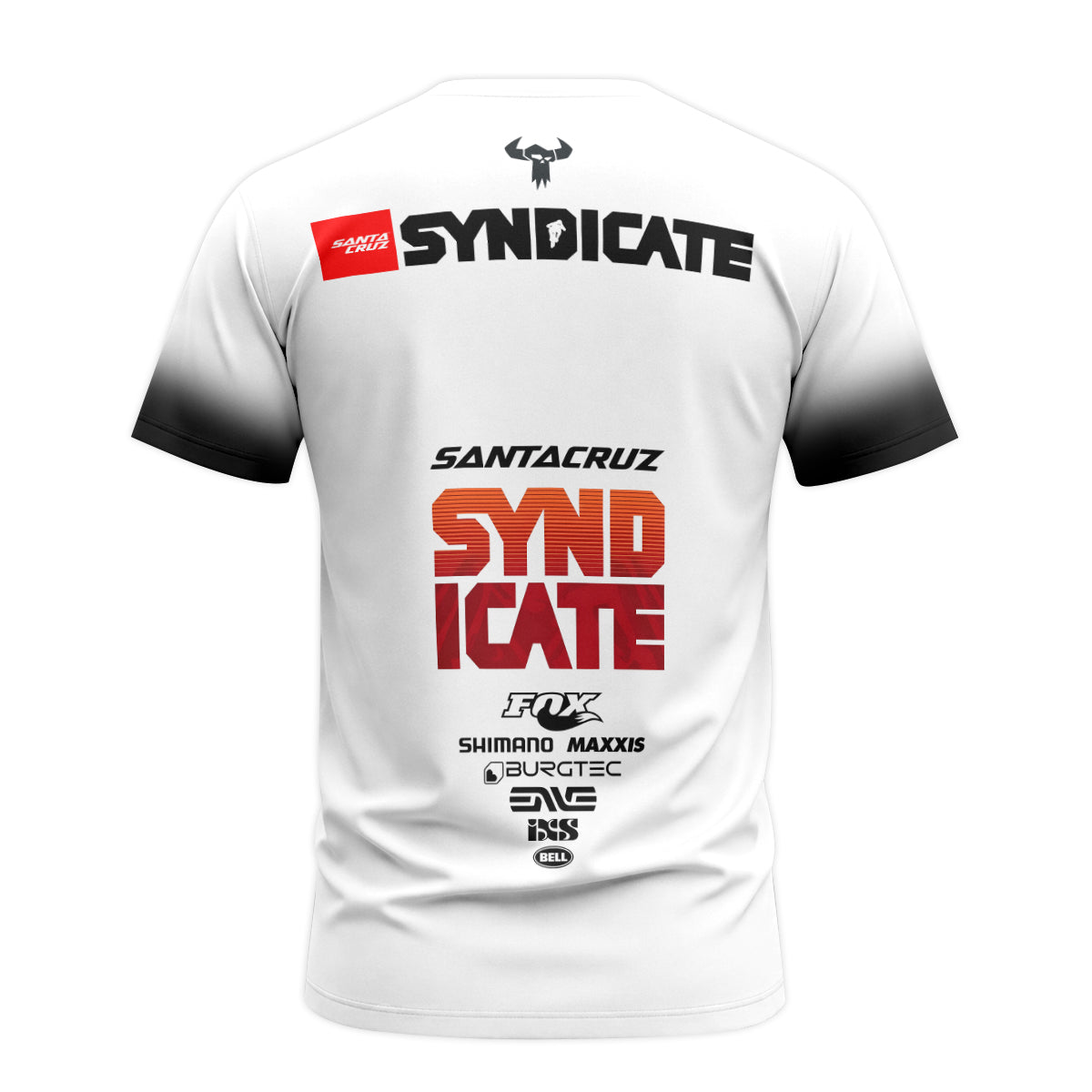 Santa Cruz Syndicate White Red Downhill Youth Short Sleeve Mountain Bike Jersey – Back View Mockup
