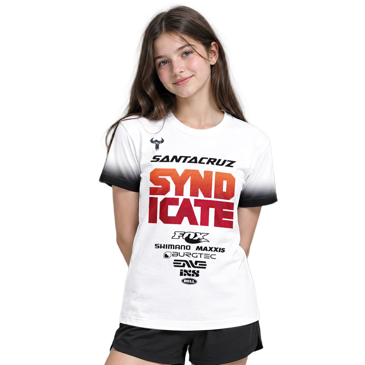 Santa Cruz Syndicate White Red Downhill Youth Short Sleeve Mountain Bike Jersey – Girl Lifestyle View
