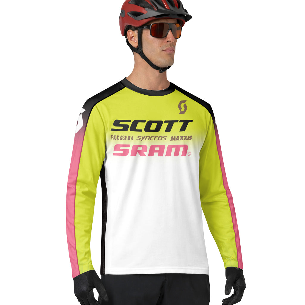 Scott SRAM Neon Yellow Pink Factory Team Long Sleeve Mountain Bike Jersey - lifestyle view