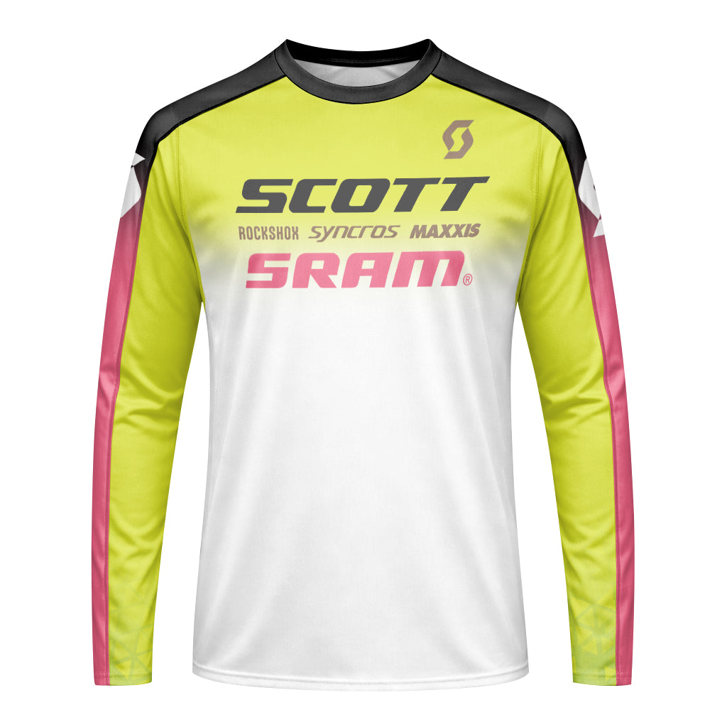 Scott SRAM Neon Yellow Pink Factory Team Long Sleeve Mountain Bike Jersey - front view mockup