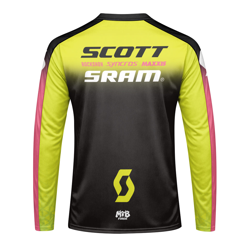 Scott SRAM Neon Yellow Pink Factory Team Long Sleeve Mountain Bike Jersey - front view mockup