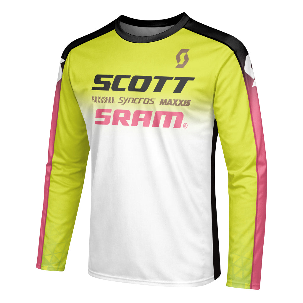 Scott SRAM Neon Yellow Pink Factory Team Long Sleeve Mountain Bike Jersey - left side mockup