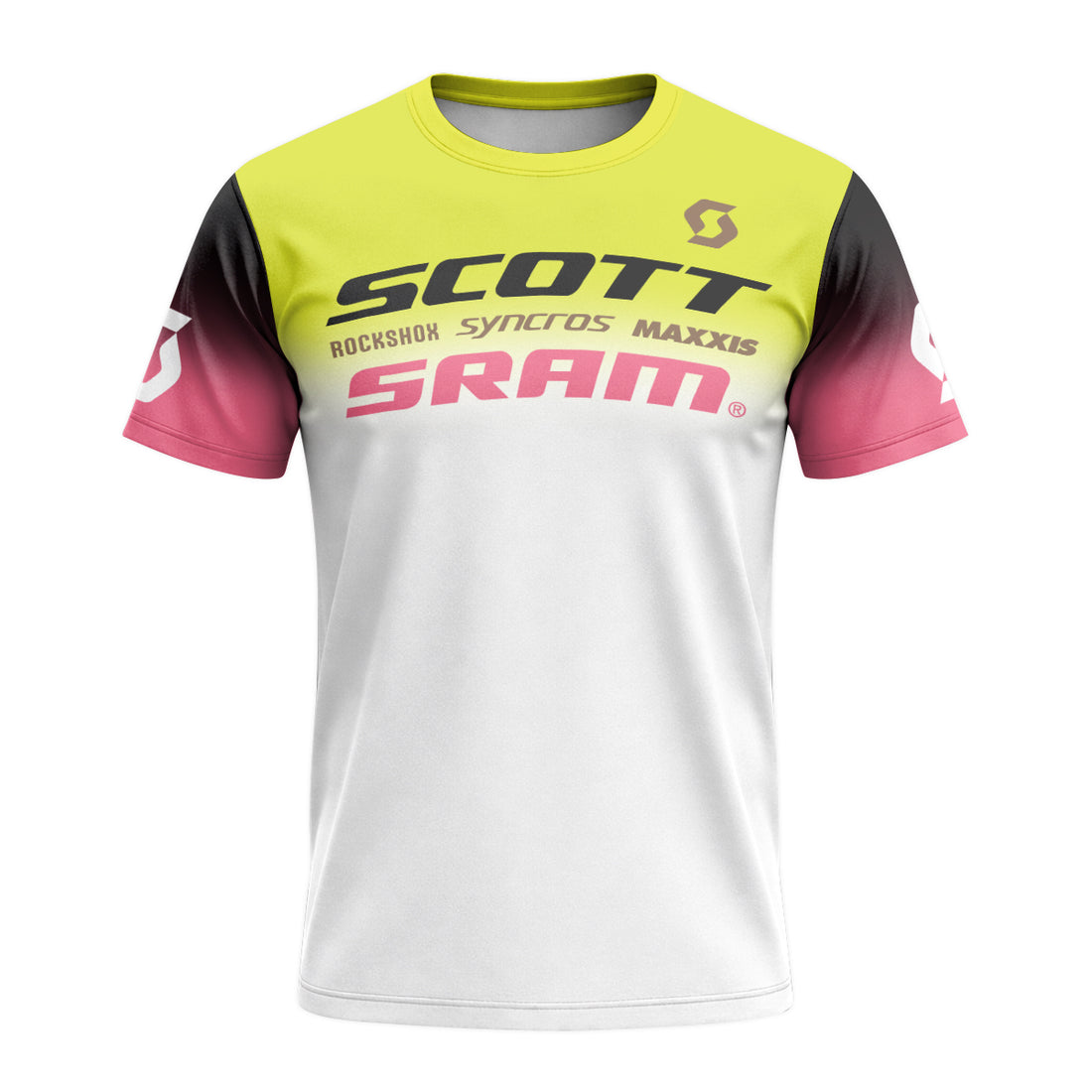 Scott SRAM Neon Yellow Pink Factory Team Short Sleeve Mountain Bike Jersey - front and back view
