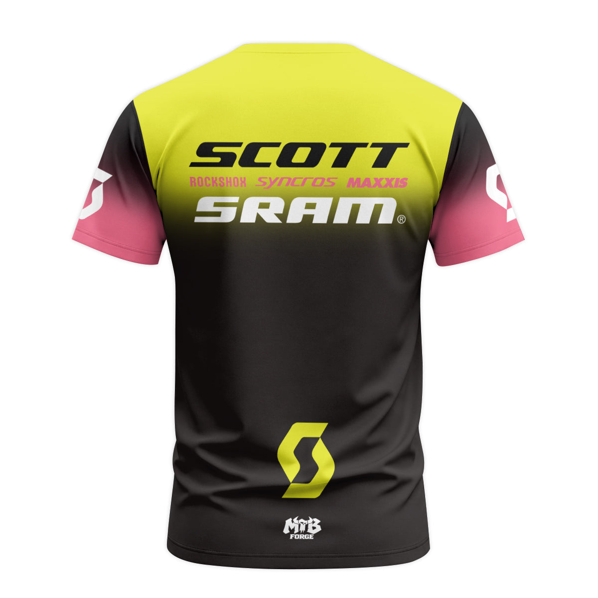 Scott SRAM Neon Yellow Pink Factory Team Short Sleeve Mountain Bike Jersey - back view mockup
