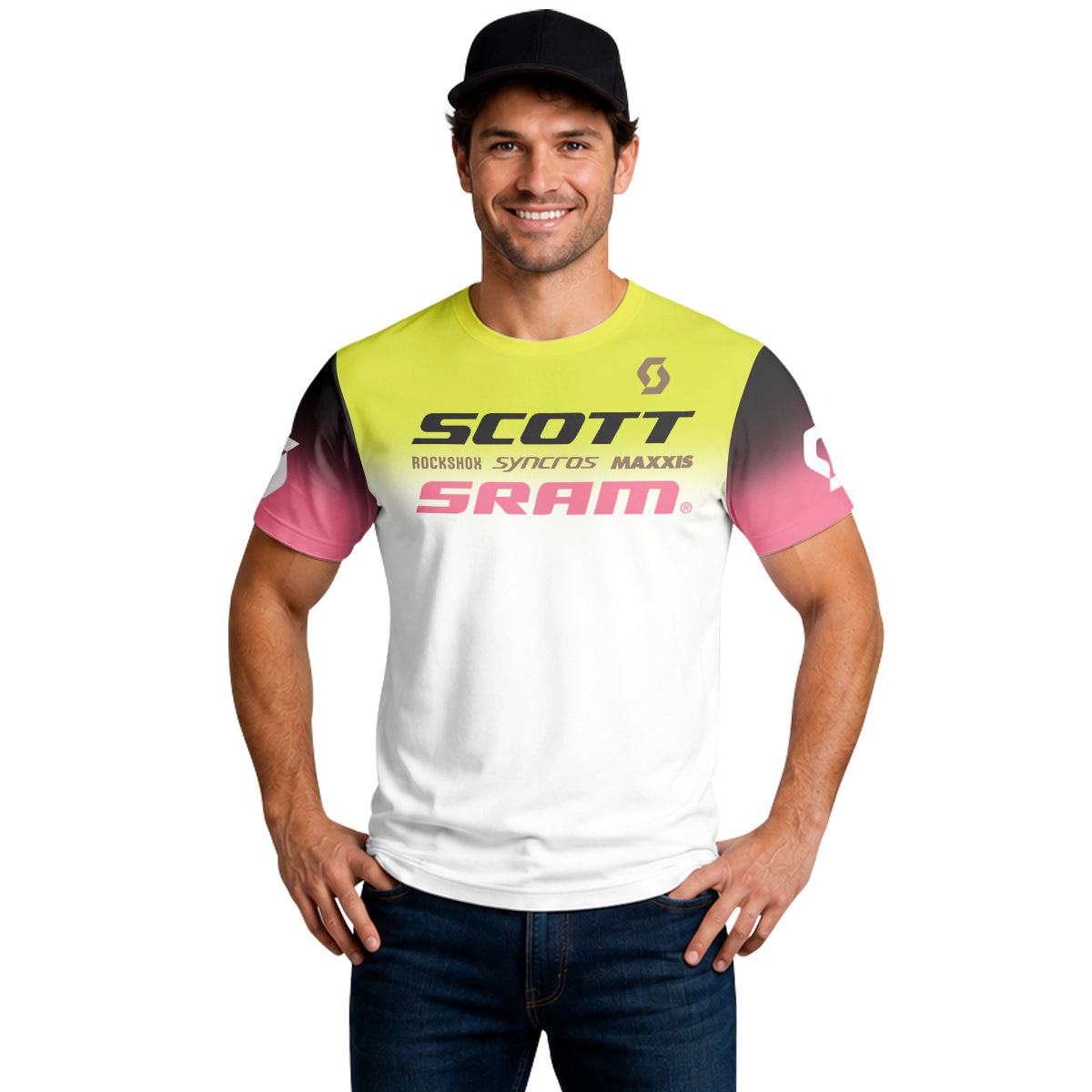 Scott SRAM Neon Yellow Pink Factory Team Short Sleeve Mountain Bike Jersey - lifestyle view
