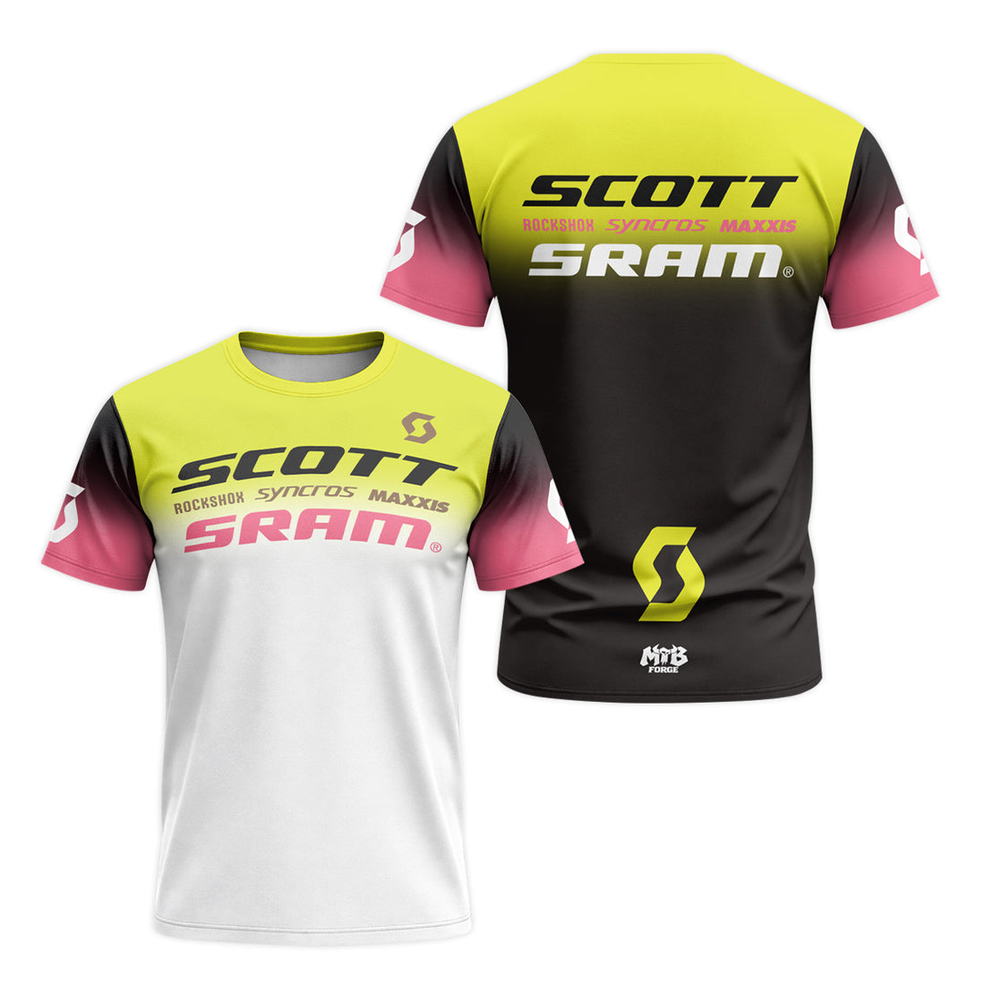 Scott SRAM Neon Yellow Pink Factory Team Short Sleeve Mountain Bike Jersey - front and back view