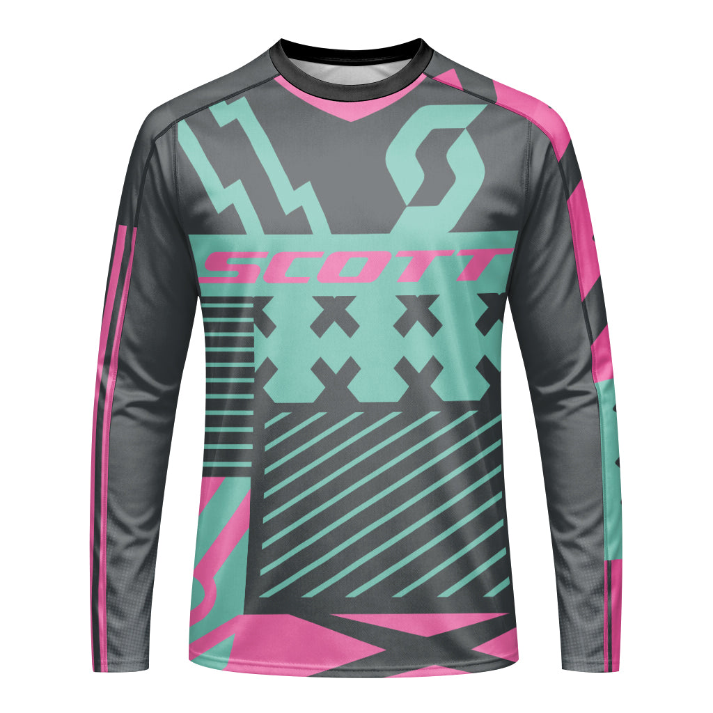 Scott Teal Pink Geometric Long Sleeve Mountain Bike Jersey - front view mockup