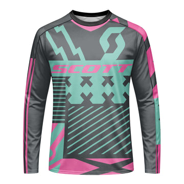Scott Teal Pink Geometric Long Sleeve Mountain Bike Jersey - front view mockup