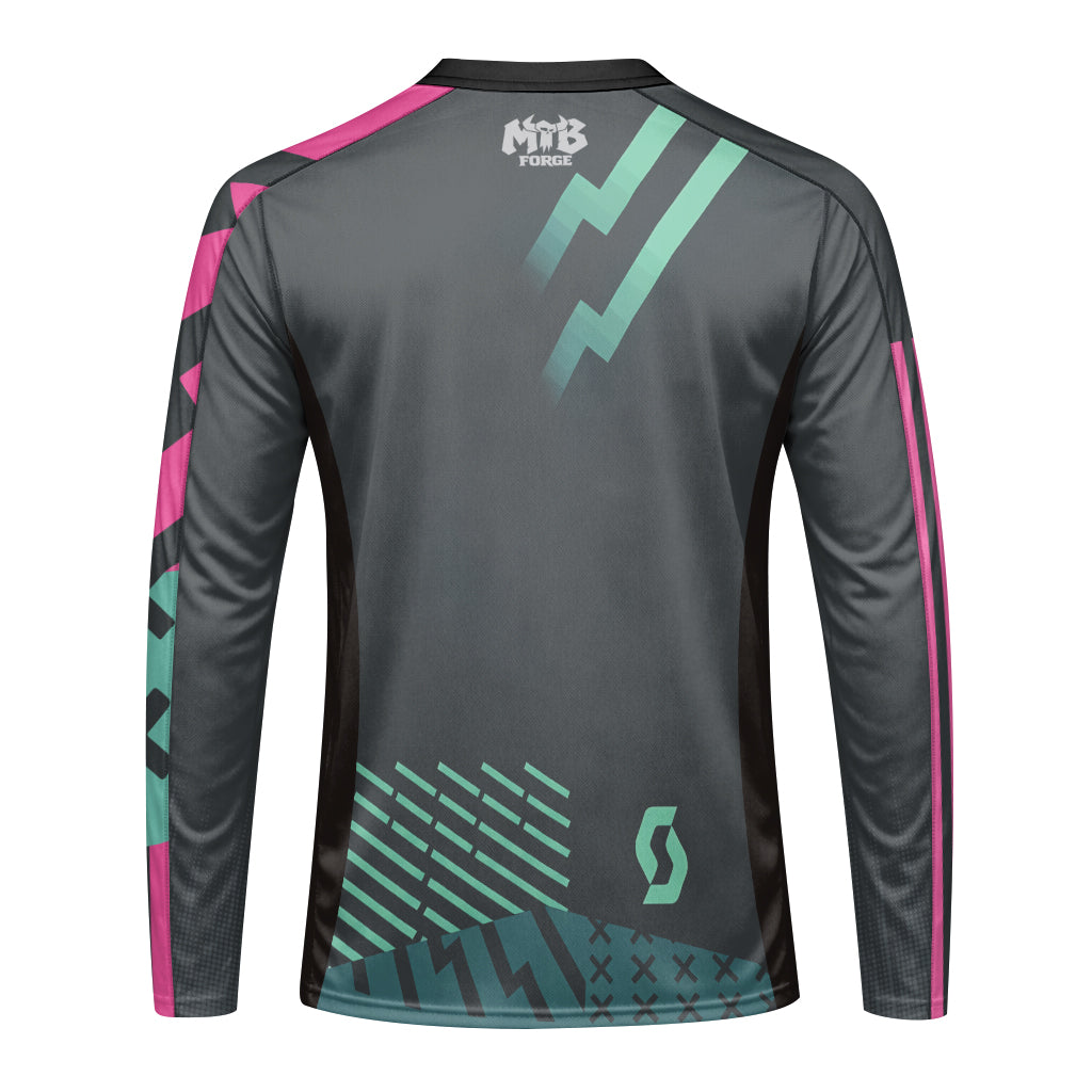 Scott Teal Pink Geometric Long Sleeve Mountain Bike Jersey - front view mockup