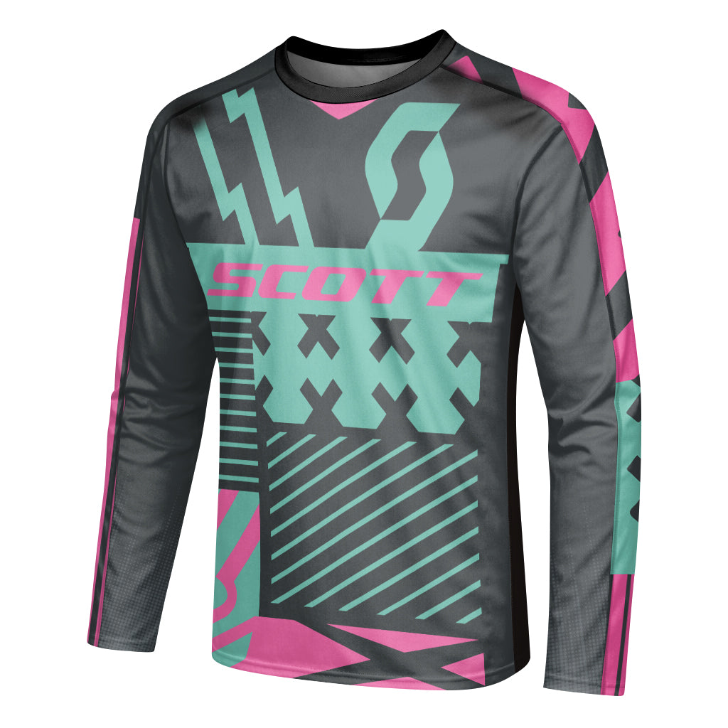 Scott Teal Pink Geometric Long Sleeve Mountain Bike Jersey - left side mockup