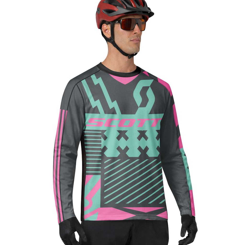 Scott Teal Pink Geometric Long Sleeve Mountain Bike Jersey - lifestyle view