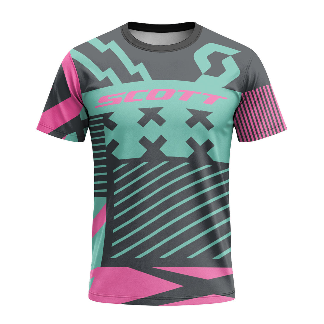 Scott Teal Pink Geometric Short Sleeve Mountain Bike Jersey - front and back view