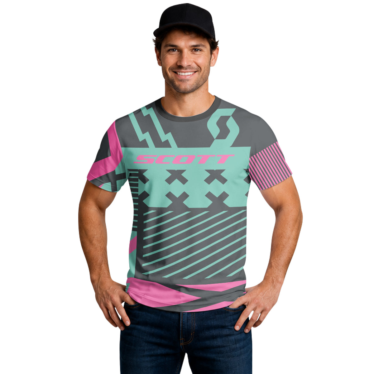 Scott Teal Pink Geometric Short Sleeve Mountain Bike Jersey - lifestyle view