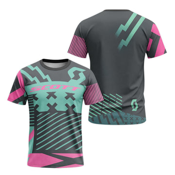 Scott Teal Pink Geometric Short Sleeve Mountain Bike Jersey - front and back view